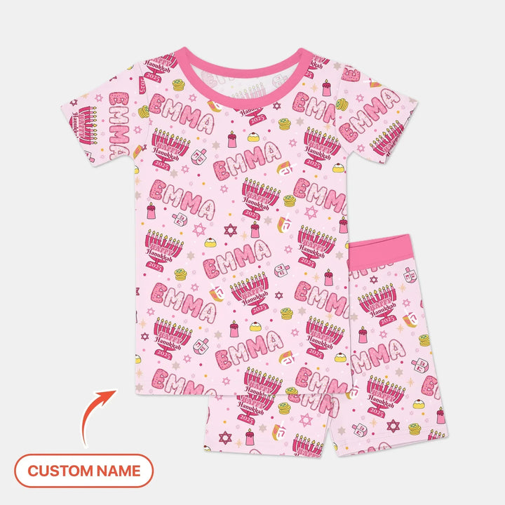 Custom name Happy Hanukkah 2025 Bamboo Two Piece Short Sleeve Shorts Pajama Set