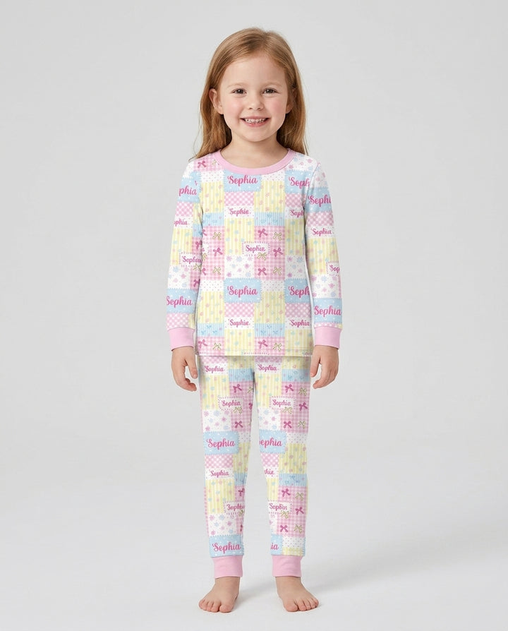 Custom Name Sweet Patchwork Bamboo Two Piece Long Sleeve Pajama Set