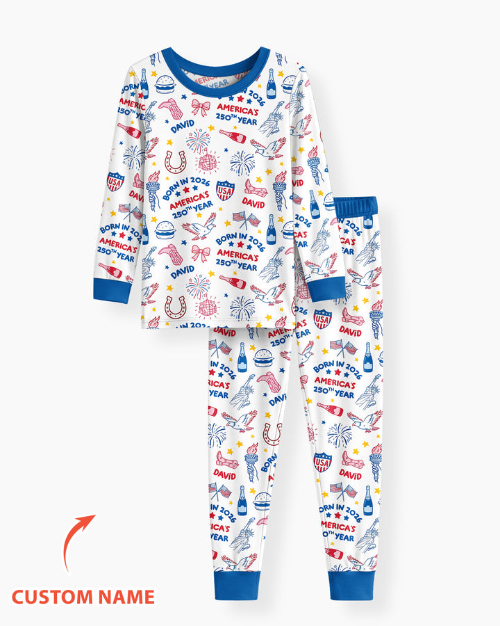 Born in 2026 America’s 250th Year Custom Name Bamboo Two Piece Long Sleeve Pajama Set