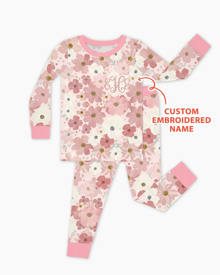 Custom Embroidered Name Floral Bamboo Two Piece Long Sleeve Pajama Set