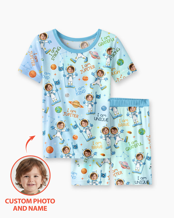 Custom Photo Kid Affirmations I Am Kind Astronaut Bamboo Two Piece Short Sleeve Pajama Set
