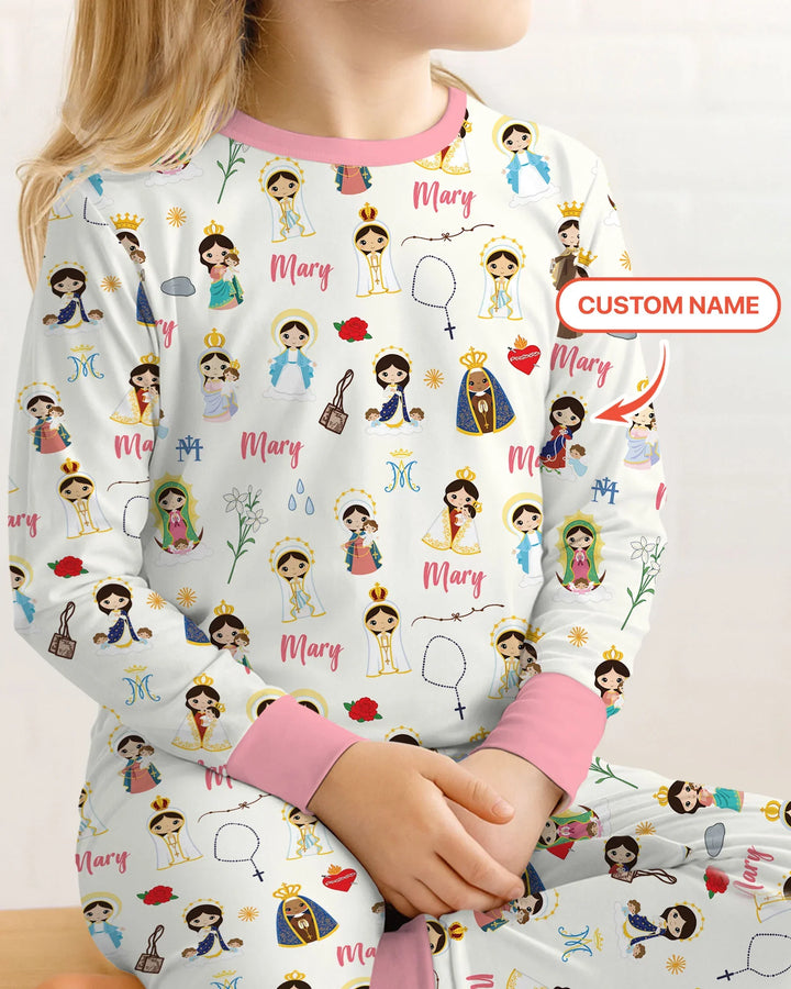 Custom Name Mother Mary Bamboo Two Piece Long Sleeve Pajama Set
