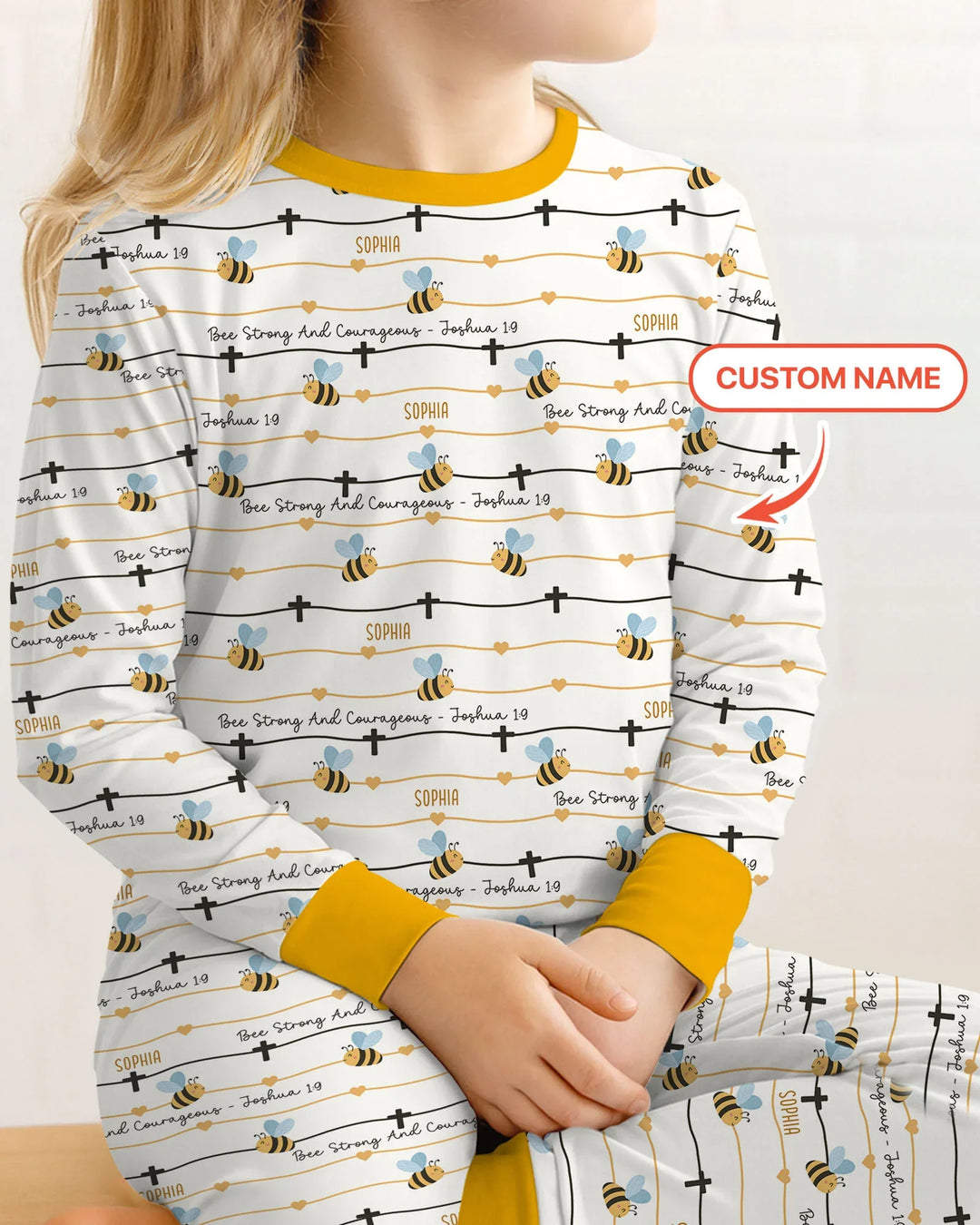 Bee Strong And Courageous Custom Name Bamboo Two Piece Long Sleeve Pajama Set