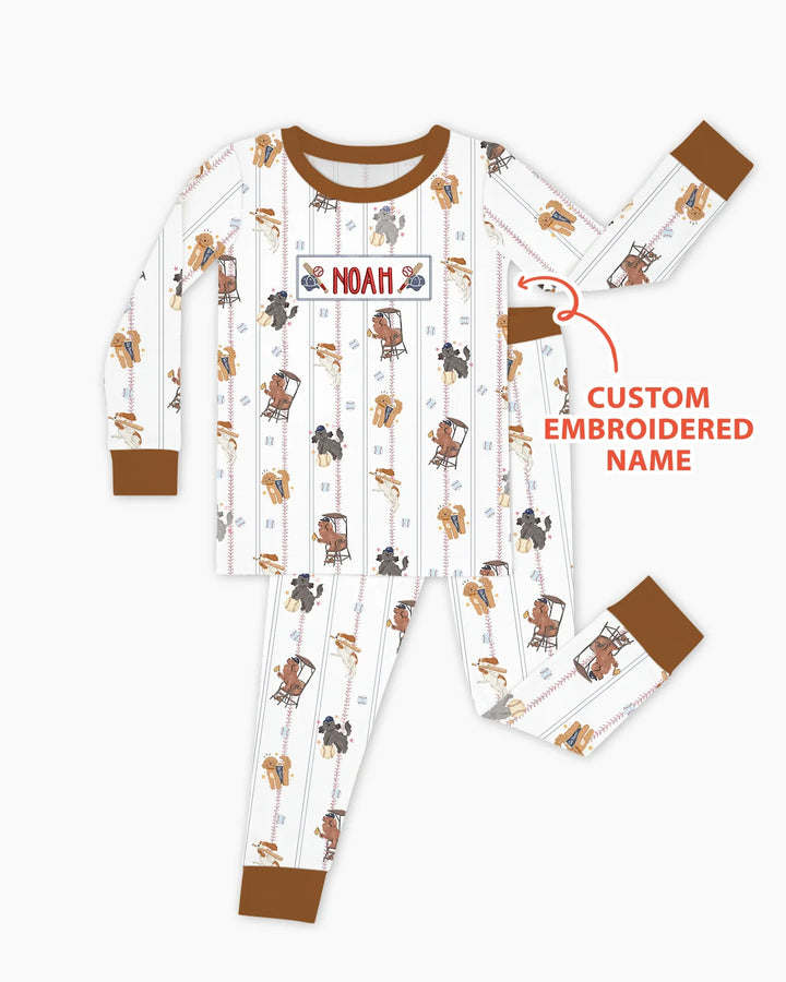 Custom Embroidered Name Baseball Bamboo Two Piece Long Sleeve Pajama Set