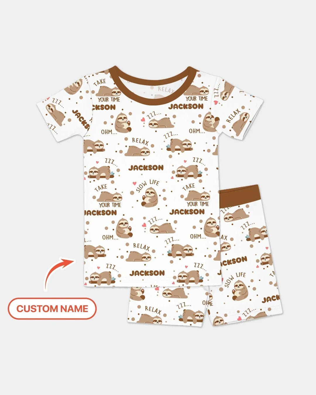 Custom Name Cute Sloth Bamboo Two Piece Short Sleeve Shorts Pajama Set