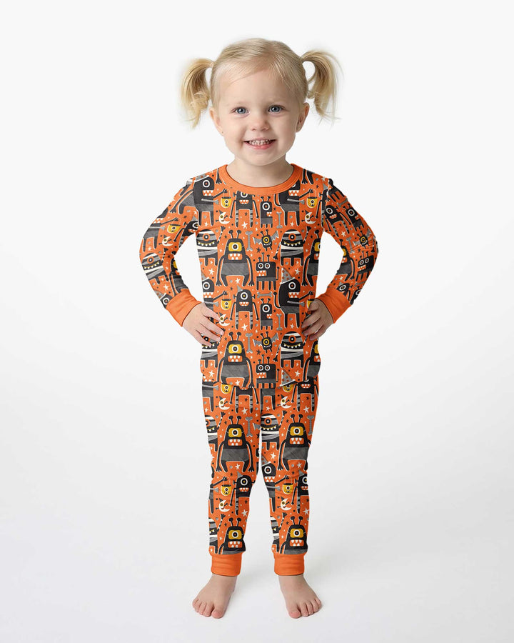 Mid Century Halloween Monster Toss Bamboo Two Piece Long Sleeve Pajama Set