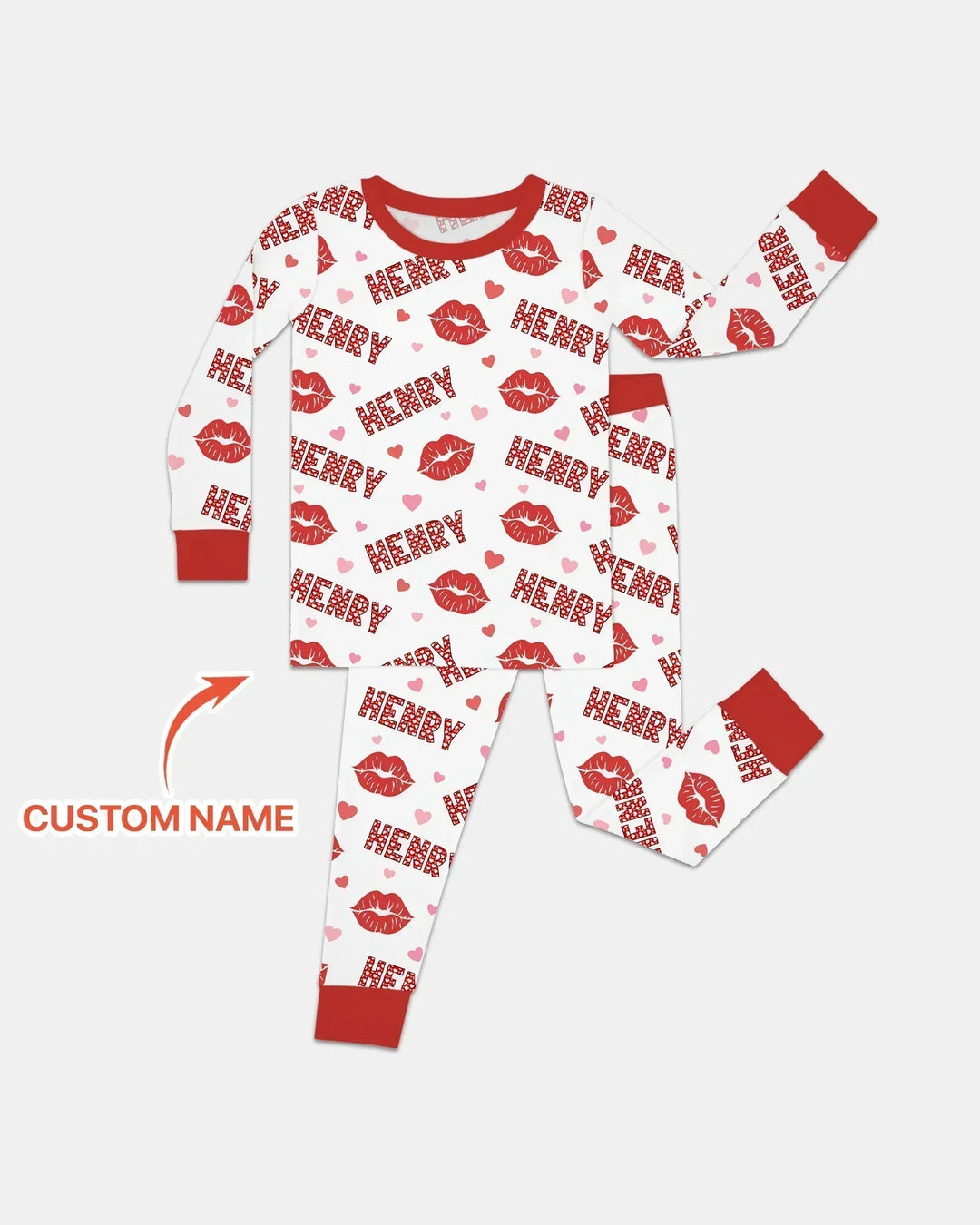 Custom Name Valentine Kiss Bamboo Two Piece Long Sleeve Pajama Set