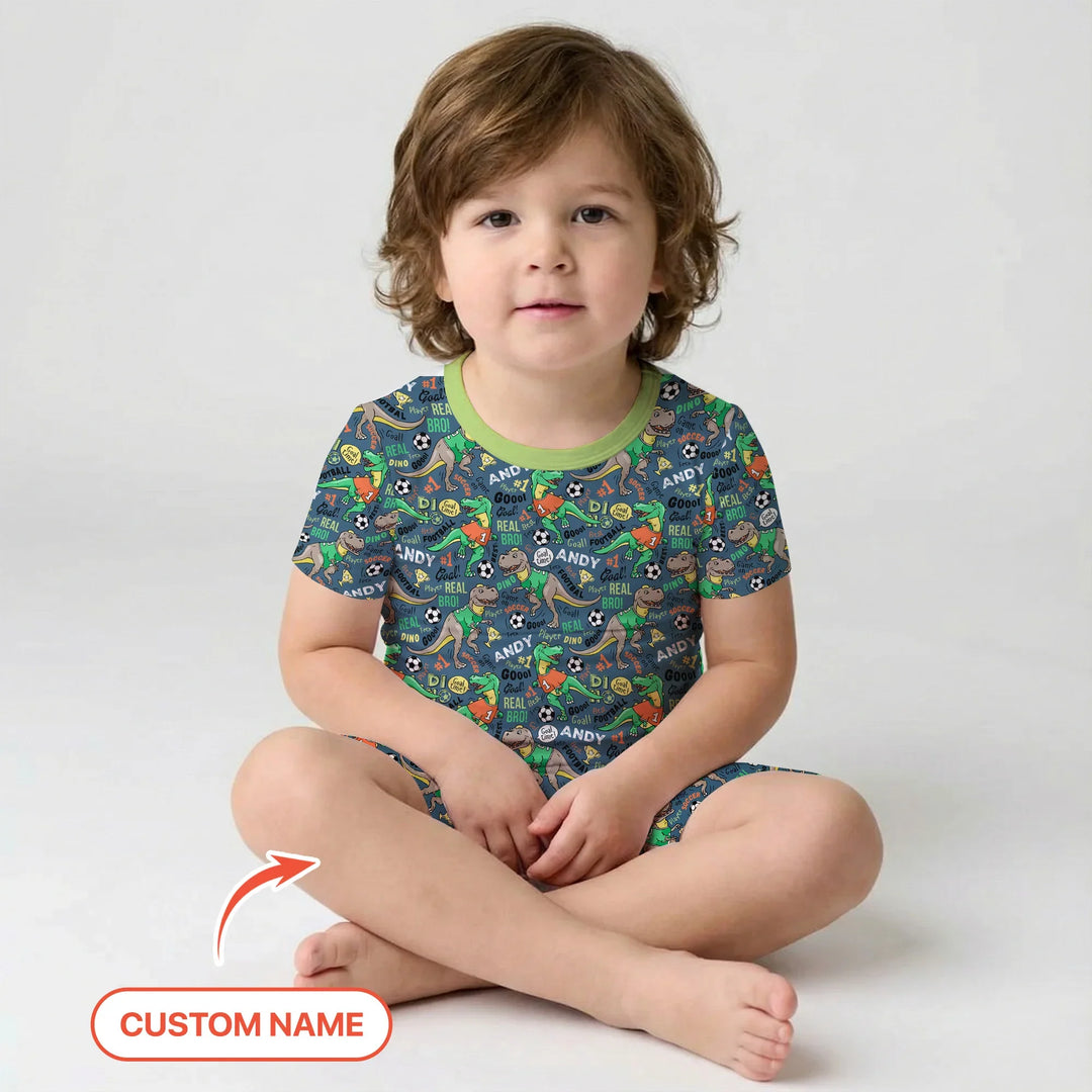 Custom Name Dino Soccer Bamboo Two Piece Short Sleeve Shorts Pajama Set