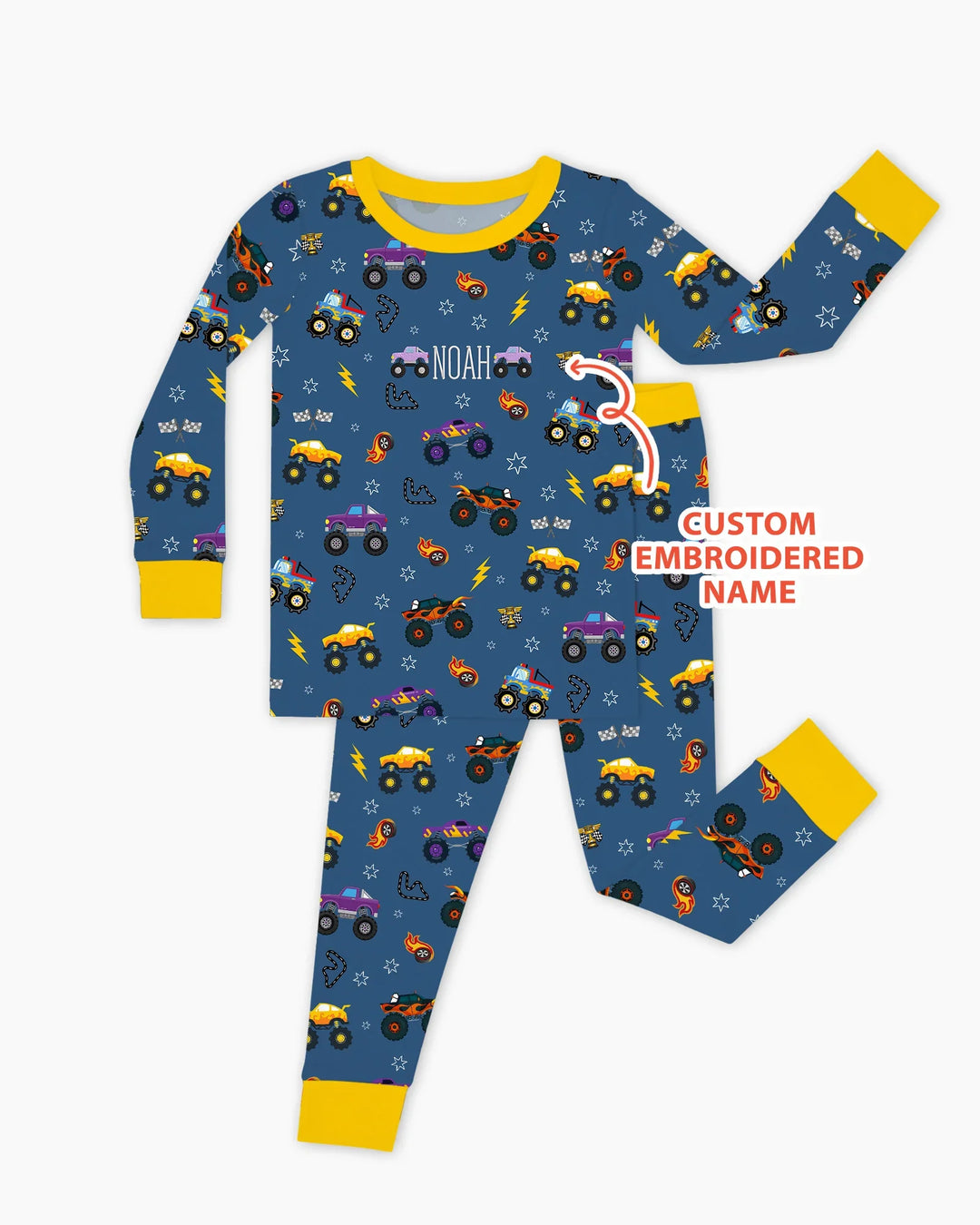 Custom Name Embroidered Crazy Truck Bamboo Two Piece Long Sleeve Pajama Set