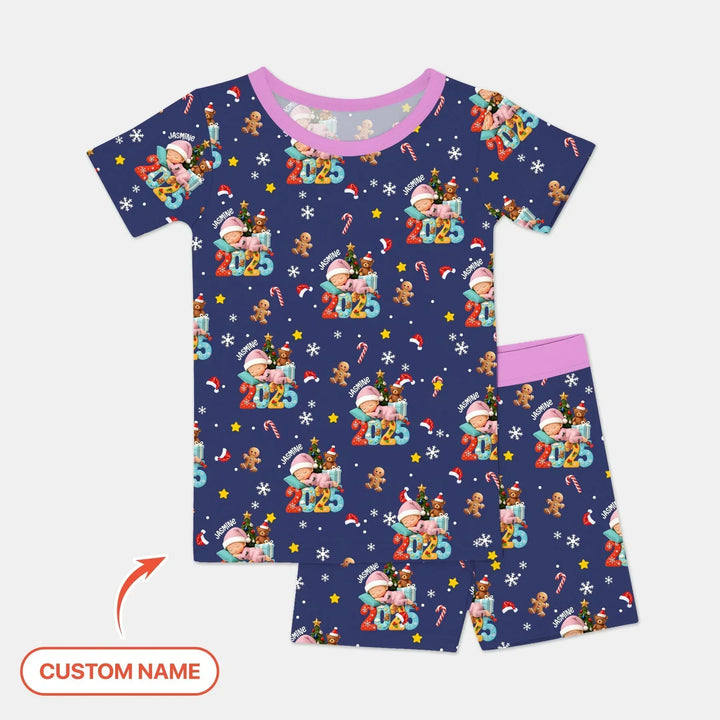 Custom Name Baby Girl's First Christmas Bamboo Two Piece Short Sleeve Shorts Pajama Set