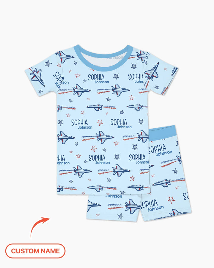Patriotic American Flag Jet Fighter Bamboo Two Piece Short Sleeve Shorts Pajama Set