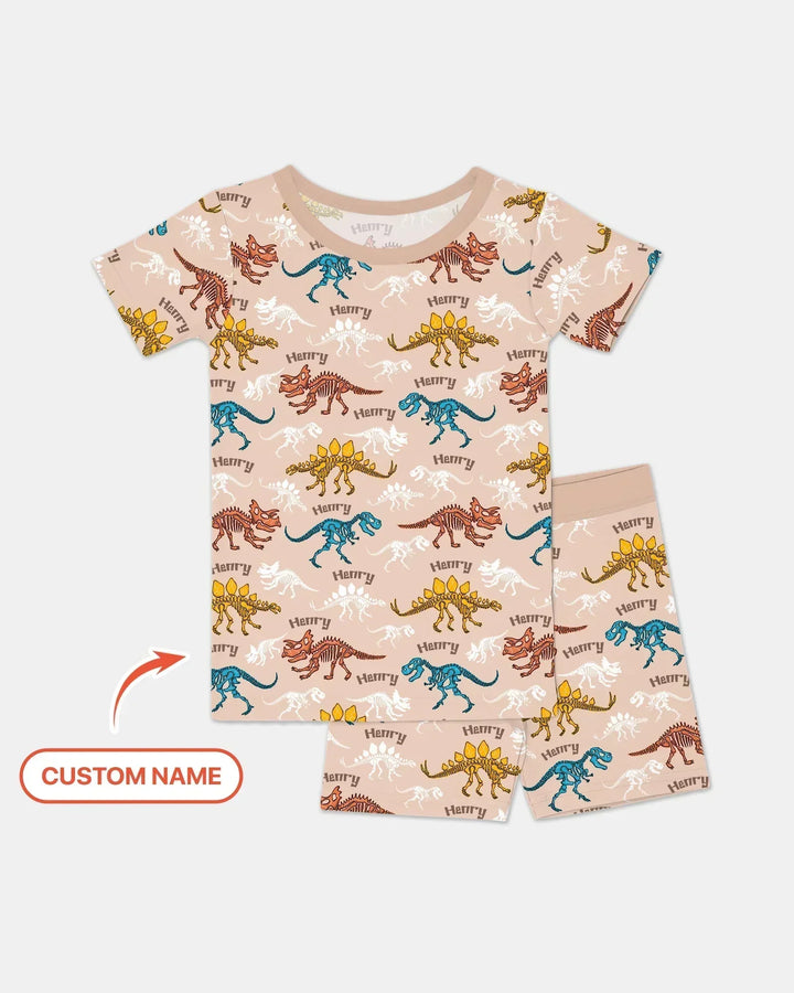 Dino Bones Parade Custom Name Bamboo Two Piece Short Sleeve Shorts Pajama Set