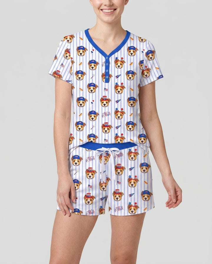 Custom Pet Image 4th of July Family Matching Bamboo Women Short Sleeve Short Pajama
