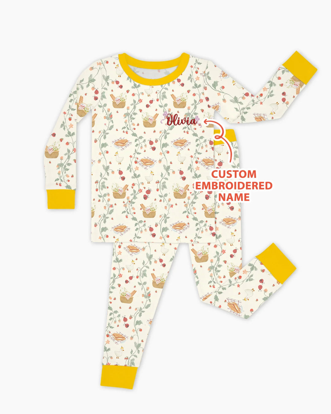 Custom Name Embroidered Picnic Time Bamboo Two Piece Long Sleeve Pajama Set