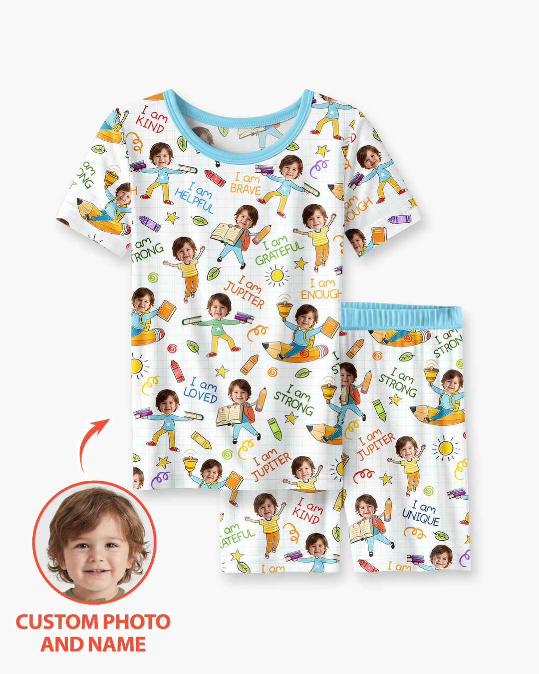 Custom Photo Kid Affirmations I Am Kind Bamboo Two Piece Short Sleeve Shorts Pajama Set