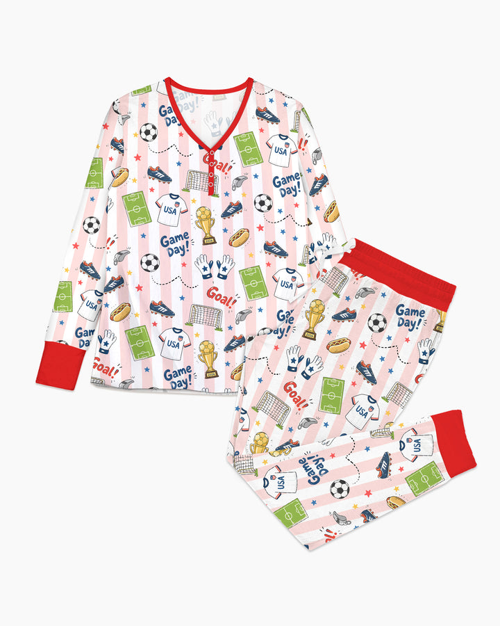 Striped Soccer Game Day Family Matching Bamboo Women Pajama Set