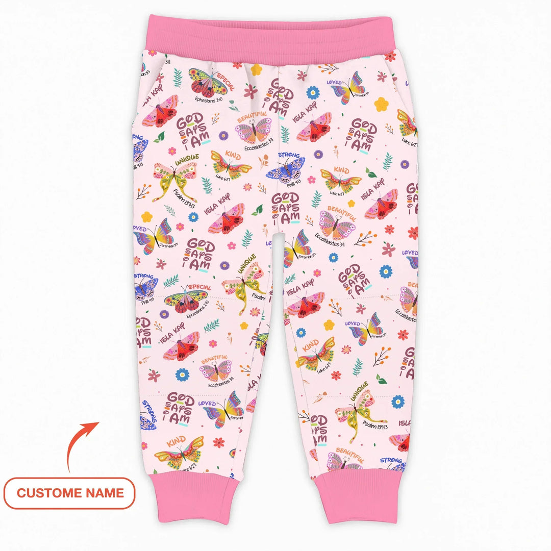 God says I am Butterfly Custom Name Bamboo Jogger