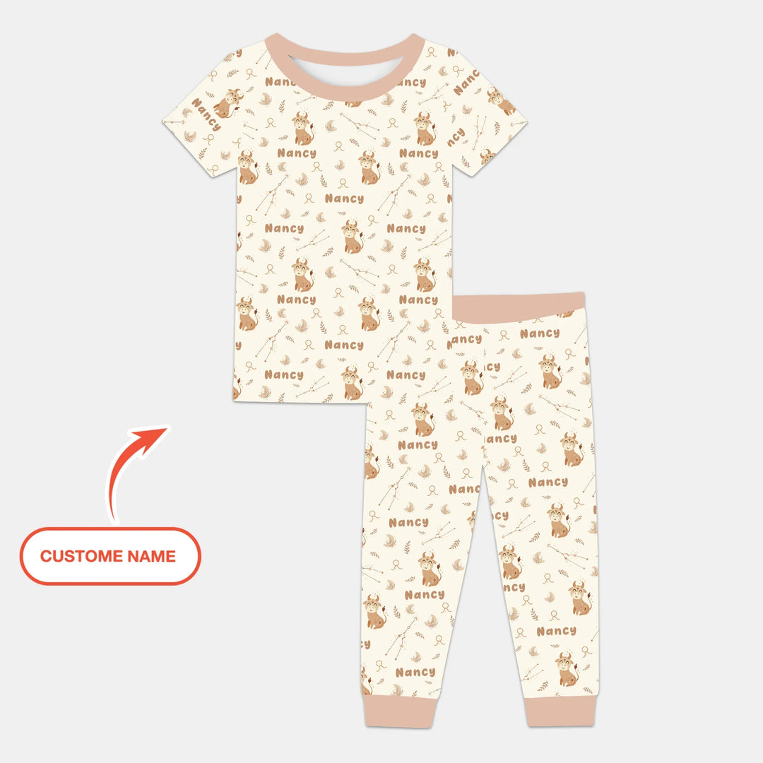 Bohemian Baby Zodiac Signs Custom Name Bamboo Two Piece Short Sleeve Pajama Set