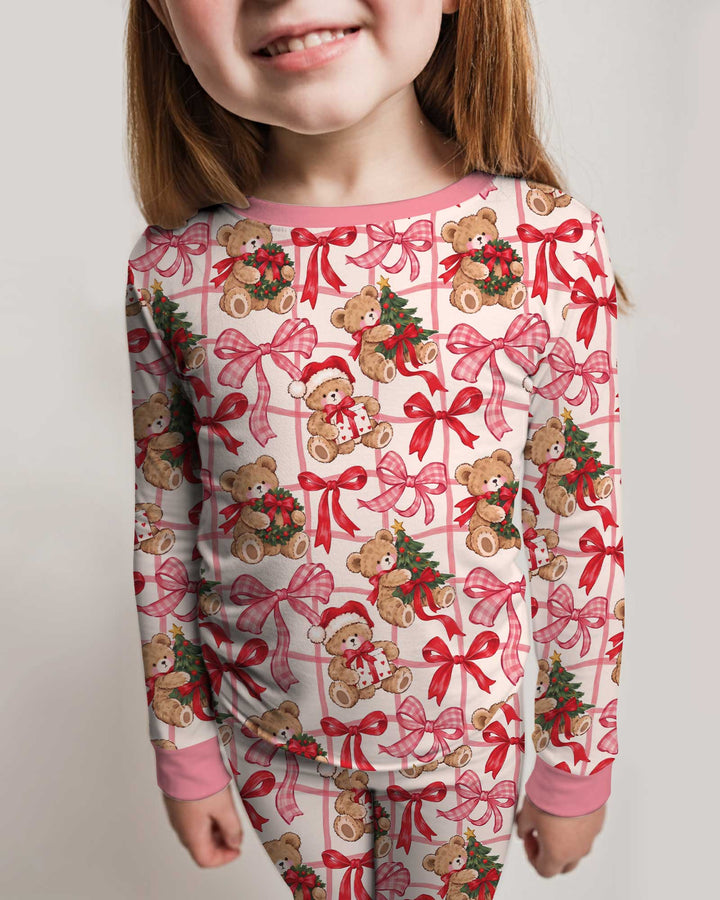 Pink Christmas Teddy Bear Plaid Mommy & Me Matching Bamboo Two Piece Long Sleeve Pajama Set