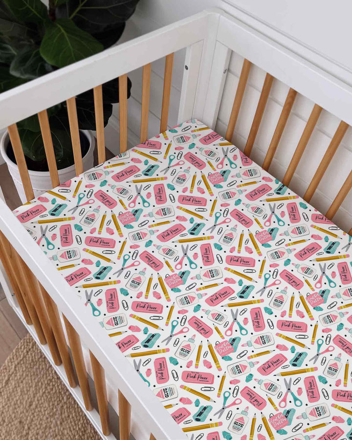 Pink Power School Supplies Bamboo Fitted Crib Sheet