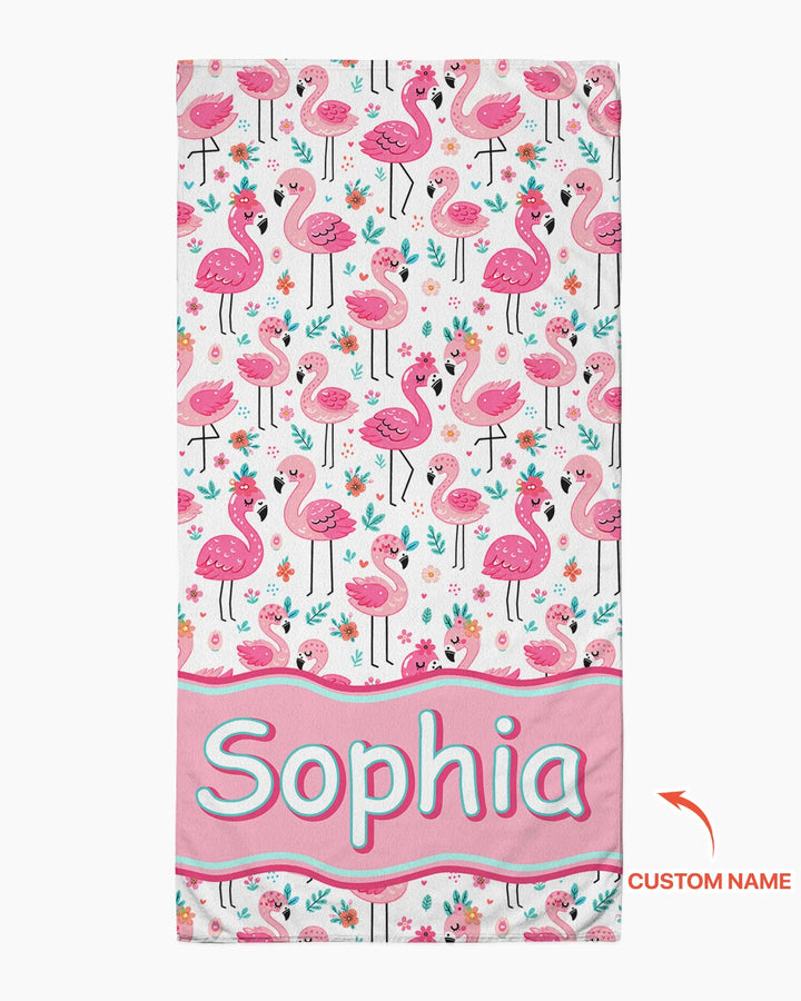Custom Name Hello Flamingo Bamboo Beach Towel