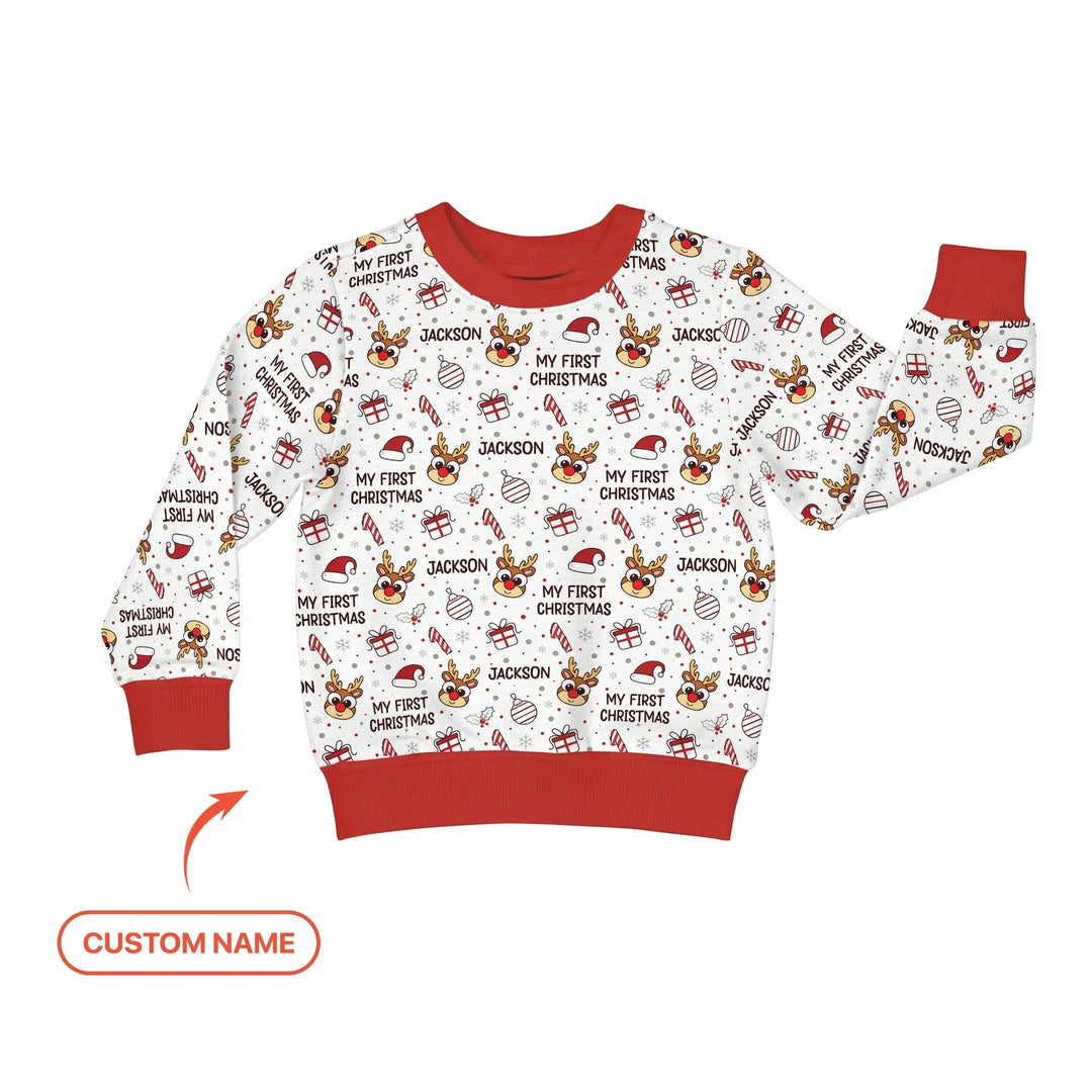 Custom Name Reindeer Doodle My First Christmas Bamboo Crewneck Sweatshirt