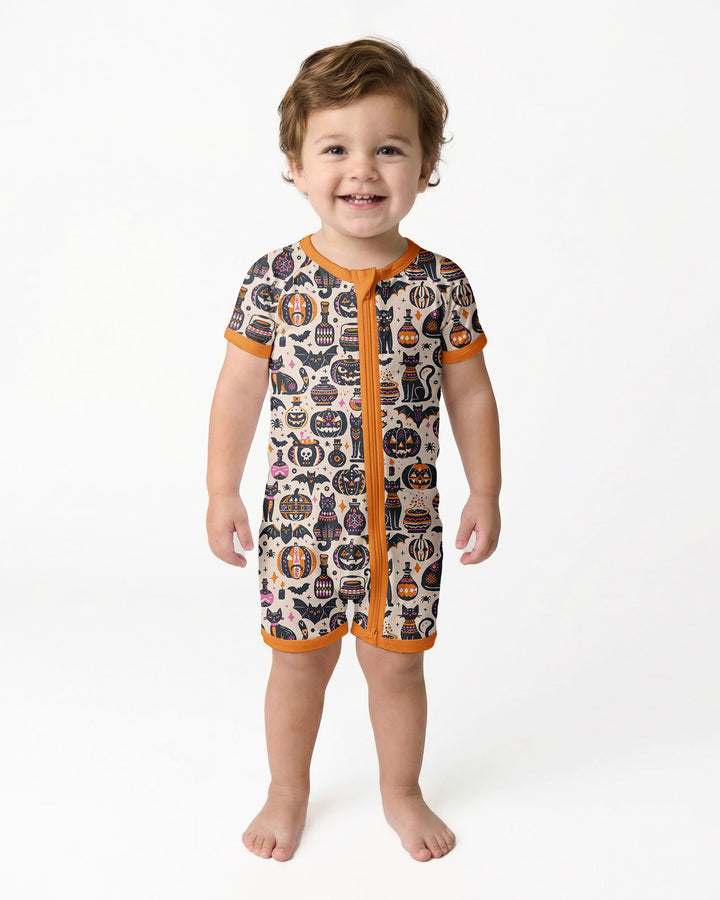 Whimsical Tribal Retro Halloween Black Cats Pumpkins Bamboo Shorty Zippy