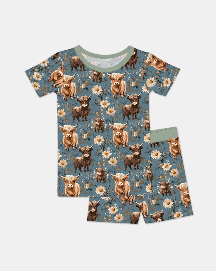 Majestic Highland Cows Family Matching Bamboo Two Piece Short Sleeve Shorts Pajama Set