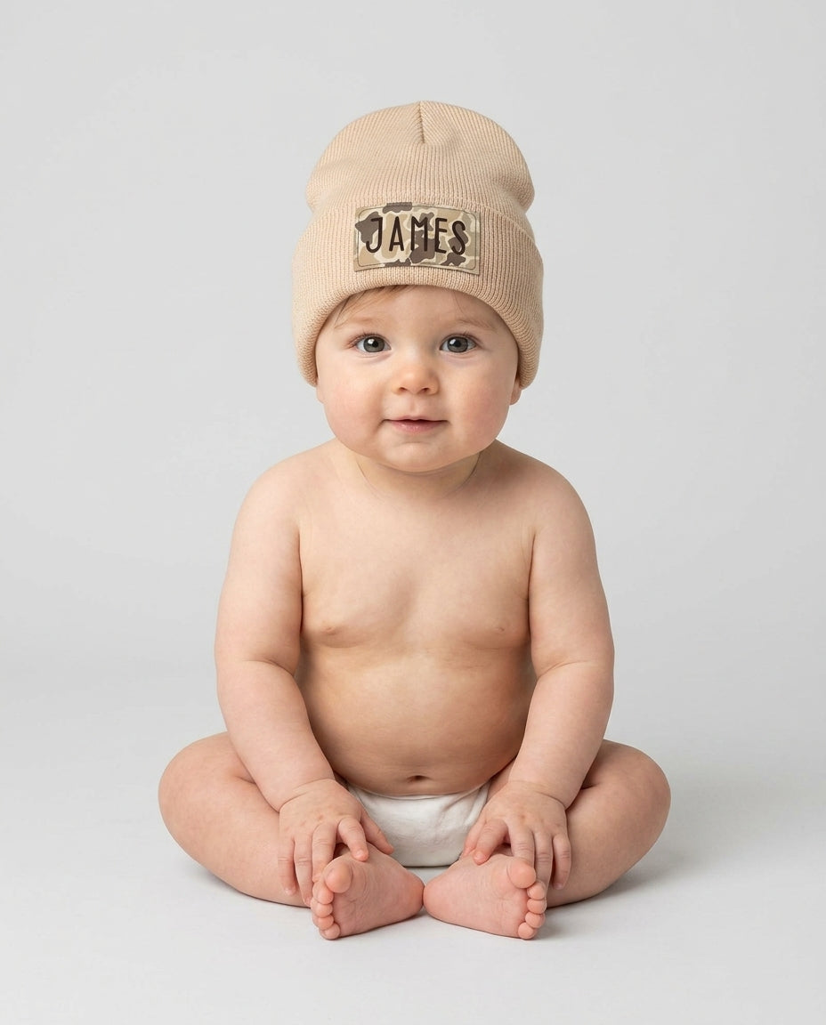 Custom Name Camo Leather Patch Beanie