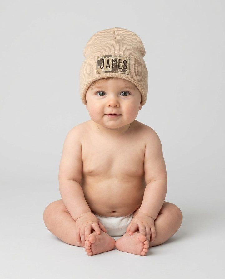 Custom Name Camo Leather Patch Beanie
