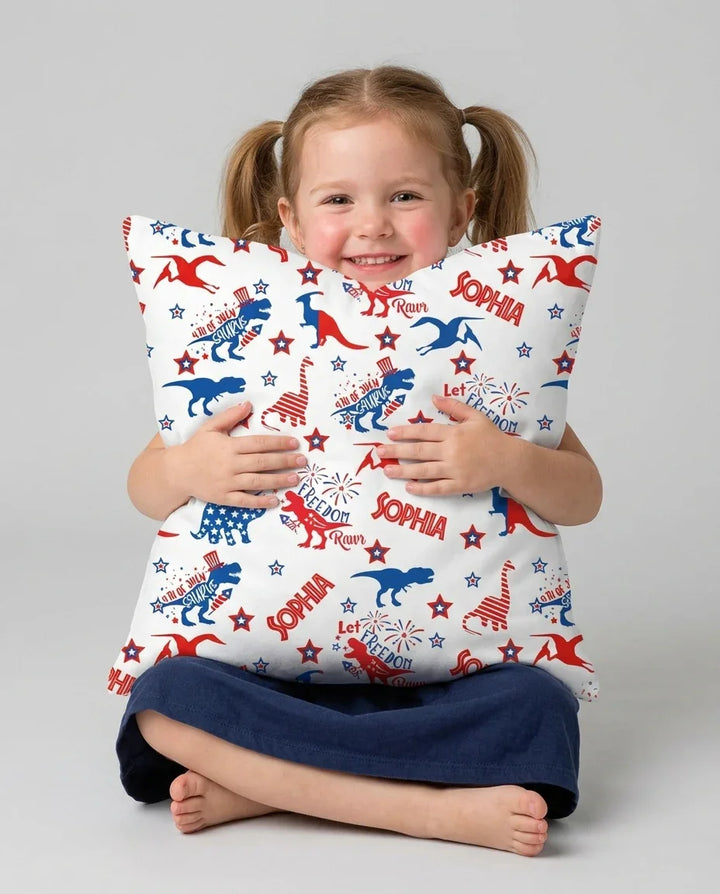 Custom Name Patriotic Dinosaur Bamboo Pillow Case