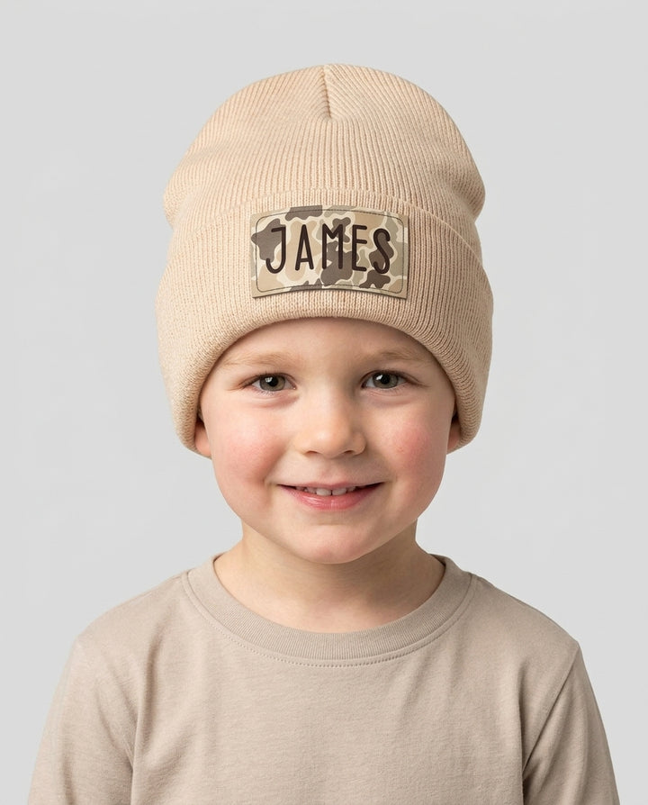 Custom Name Camo Leather Patch Beanie
