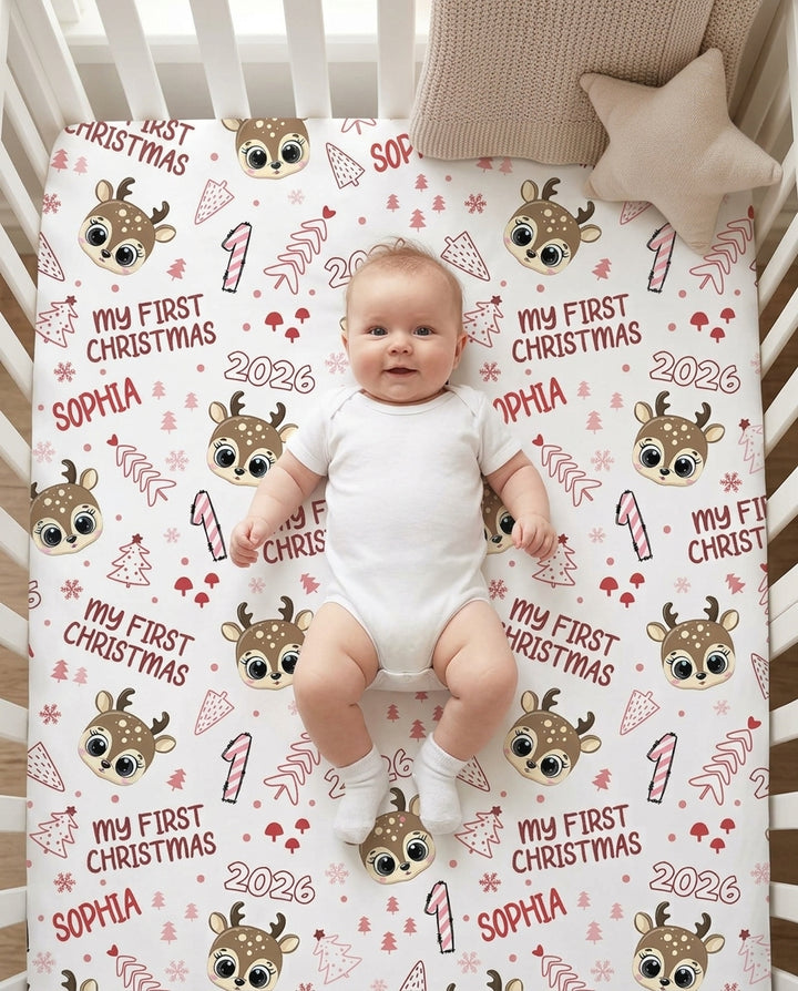 Custom Name Cute Reindeer My First Christmas Bamboo Fitted Crib Sheet