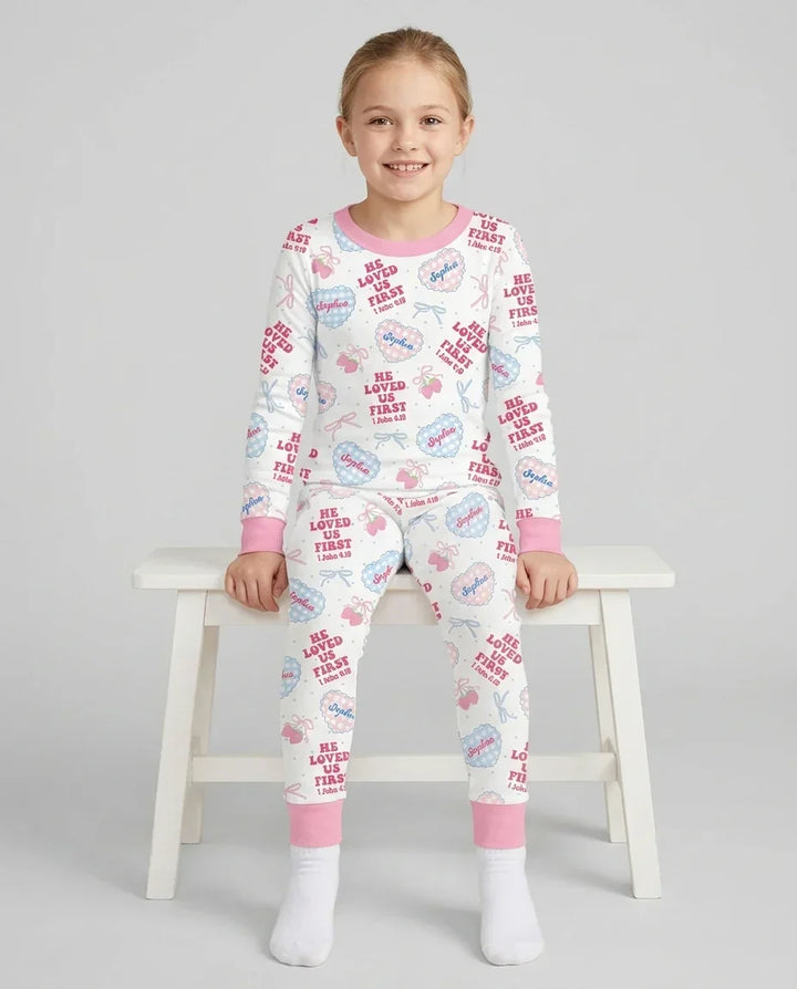 He Loved Us First Custom Name Bamboo Two Piece Long Sleeve Pajama Set