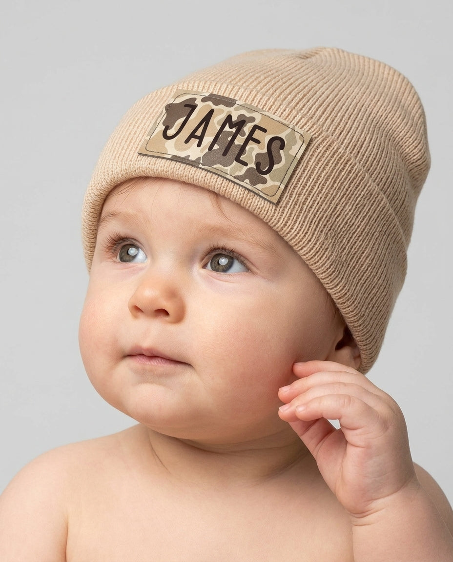 Custom Name Camo Leather Patch Beanie
