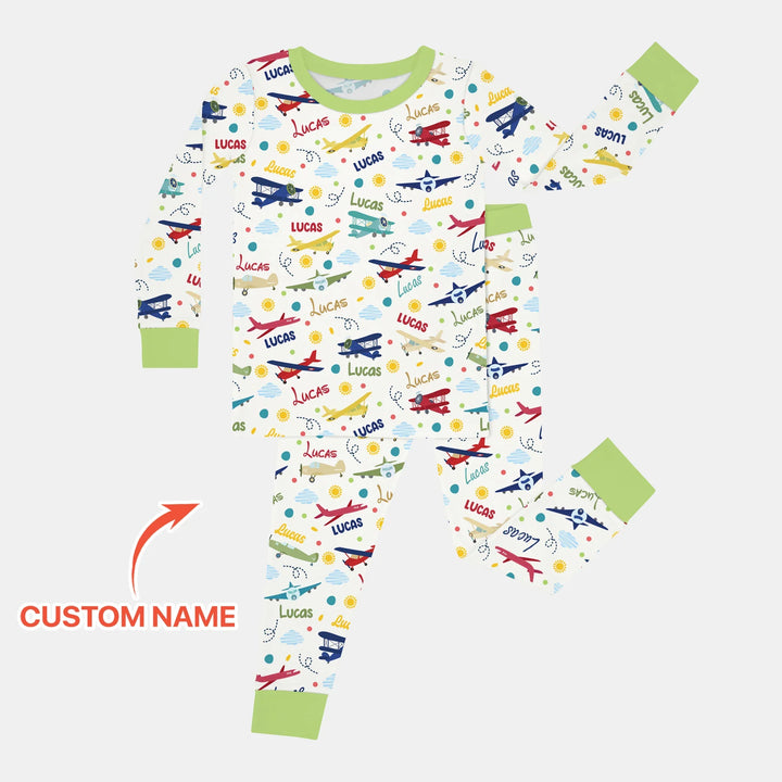 Custom Name Air Transport Bamboo Two Piece Long Sleeve Pajama Set