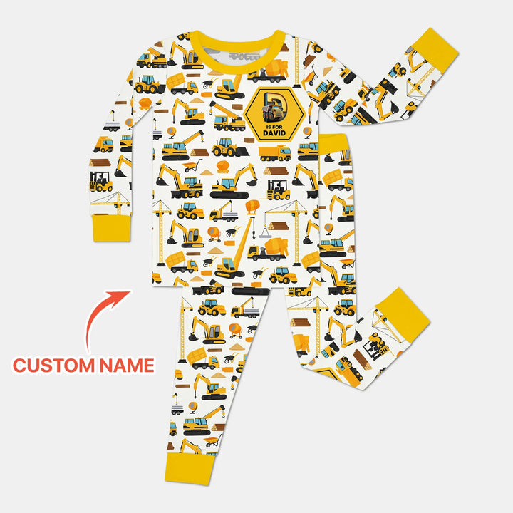 Custom Name Construction Initials Bamboo Two Piece Long Sleeve Pajama Set
