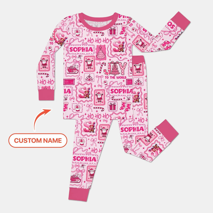 Custom Name Preppy Pink Christmas Two Piece Long Sleeve Pajama Set , Custom Name Preppy Pink Christmas Two Piece Long Sleeve Pajama Set - 12-18M