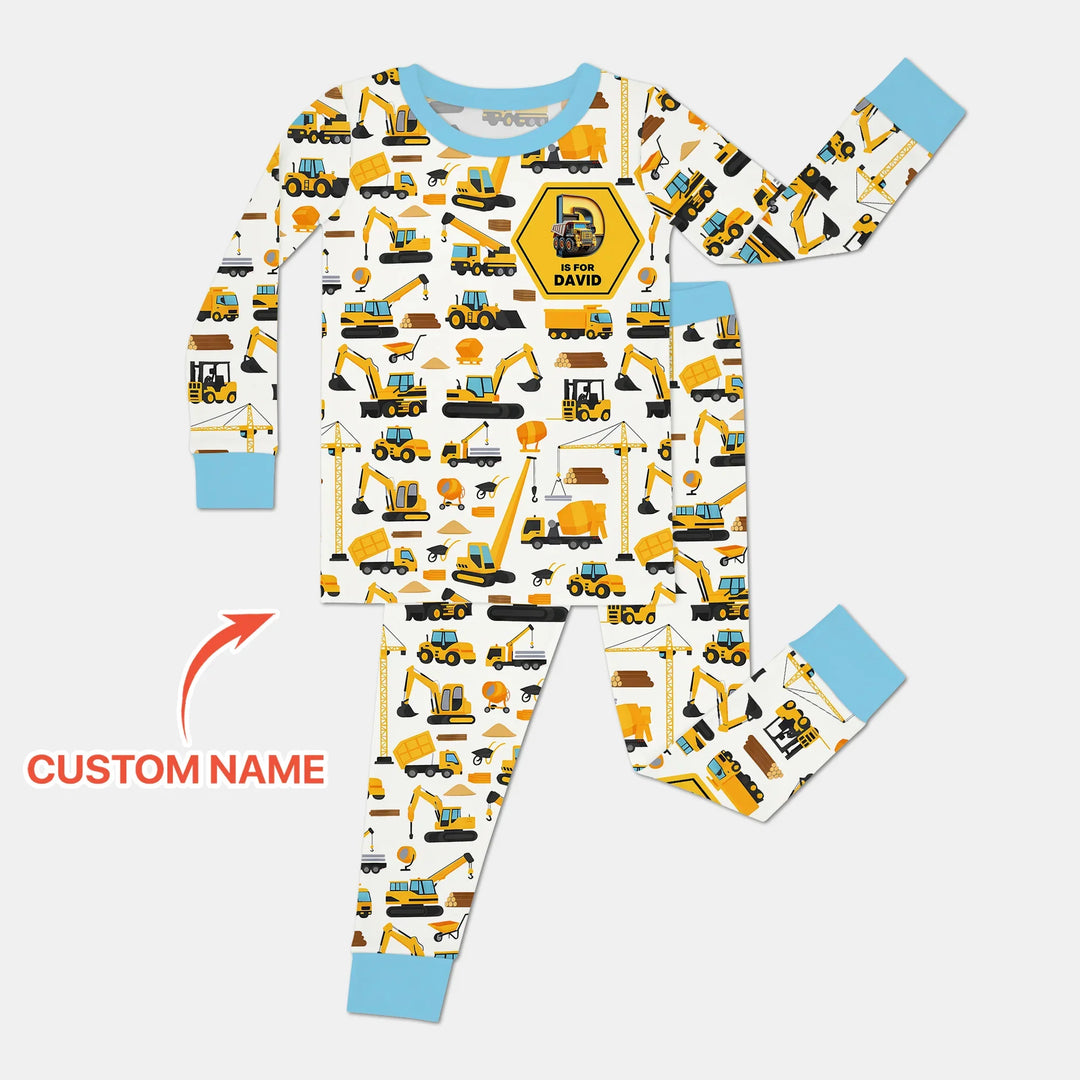 Custom Name Construction Initials Bamboo Two Piece Long Sleeve Pajama Set