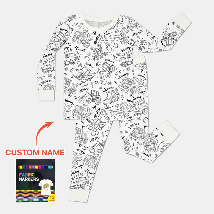 Construction Vehicules Custom Name Colorable Bamboo Two Piece Long Sleeve Pajama Set