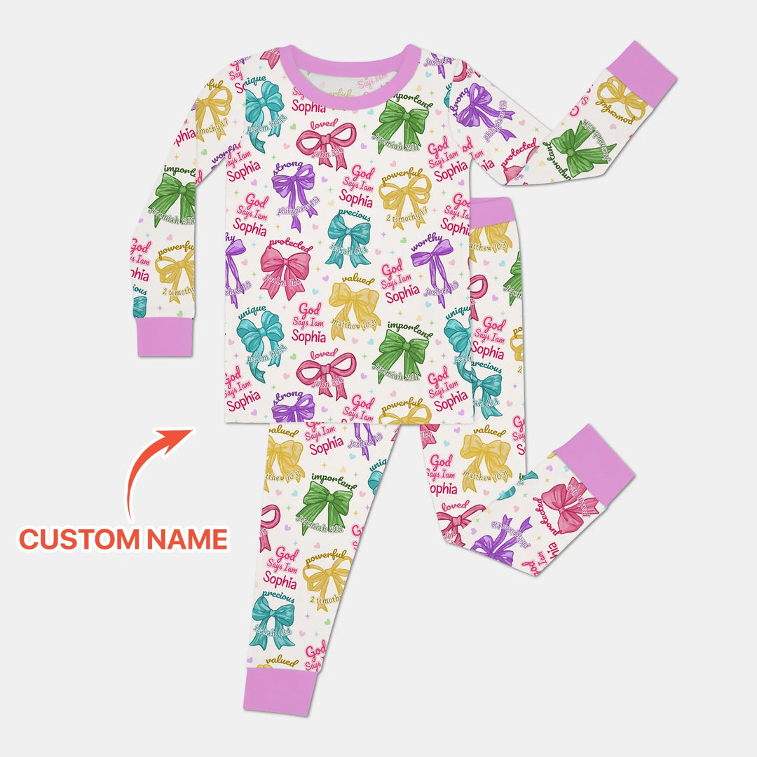 God Says I Am Bow Blessings Custom Name Bamboo Two Piece Long Sleeve Pajama Set