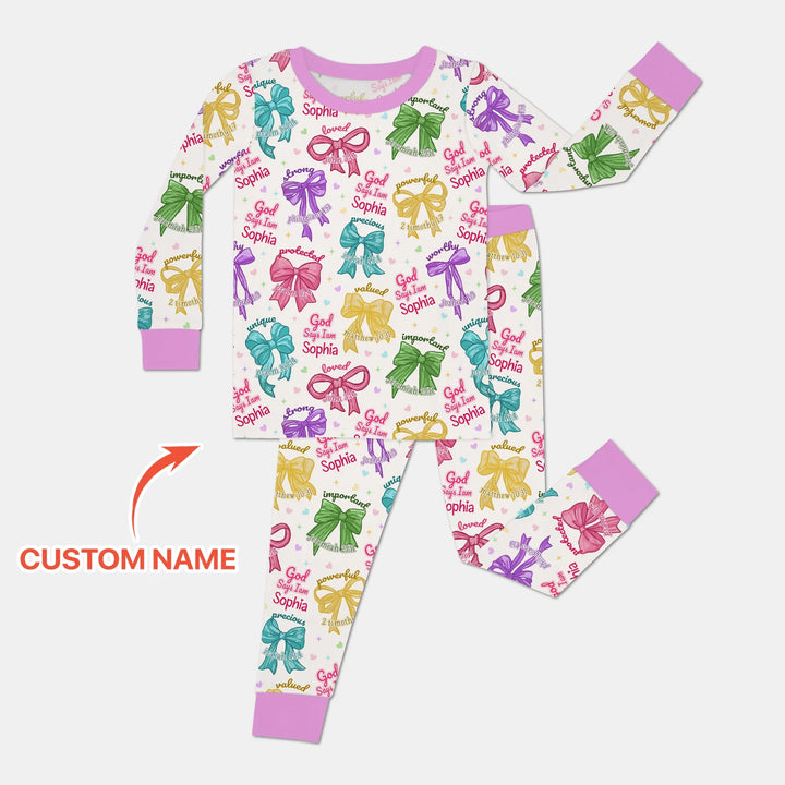 God Says I Am Bow Blessings Custom Name Bamboo Two Piece Long Sleeve Pajama Set