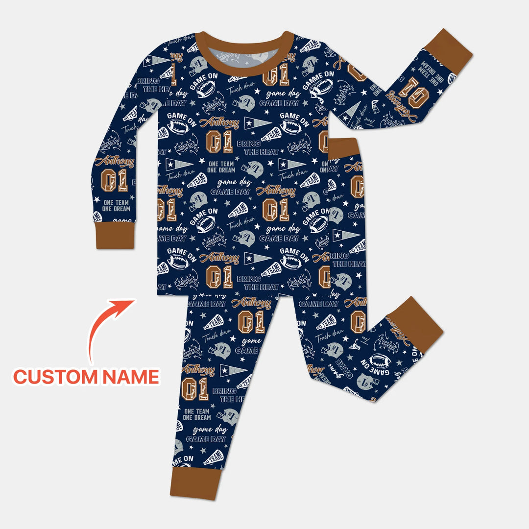 Custom Name Football Game Day Bamboo Two Piece Long Sleeve Pajama Set