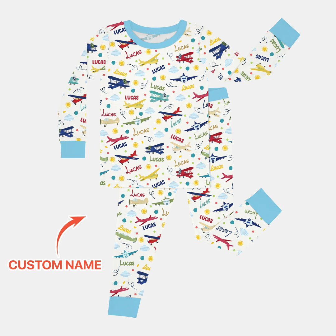 Custom Name Air Transport Bamboo Two Piece Long Sleeve Pajama Set
