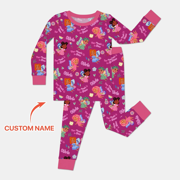 Custom Name Little Garden Fairy Bamboo Two Piece Long Sleeve Pajama Set