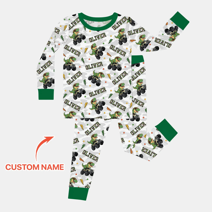 Custom Name Camo Trucker Dino Bamboo Two Piece Long Sleeve Pajama Set