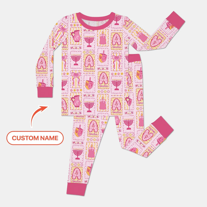 Custom Name Hanukkah Wonderland Bamboo Two Piece Long Sleeve Pajama Set