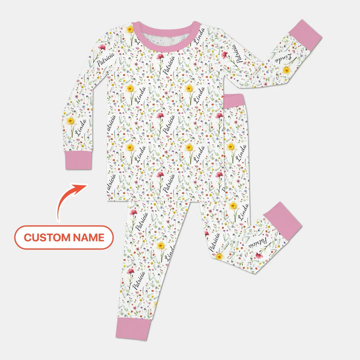 Birth Flower Custom Name Family Daughter Sister Bamboo Two Piece Long Sleeve Pajama Set