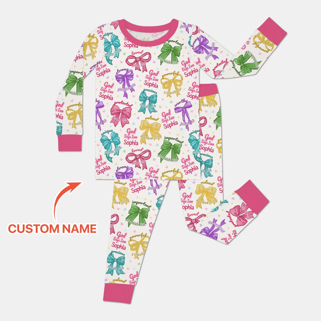 God Says I Am Bow Blessings Custom Name Bamboo Two Piece Long Sleeve Pajama Set