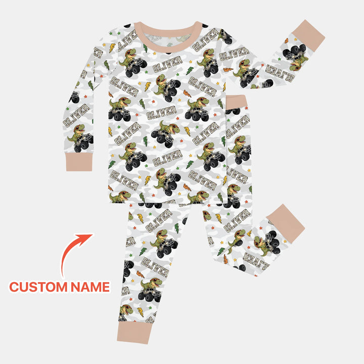 Custom Name Camo Trucker Dino Bamboo Two Piece Long Sleeve Pajama Set